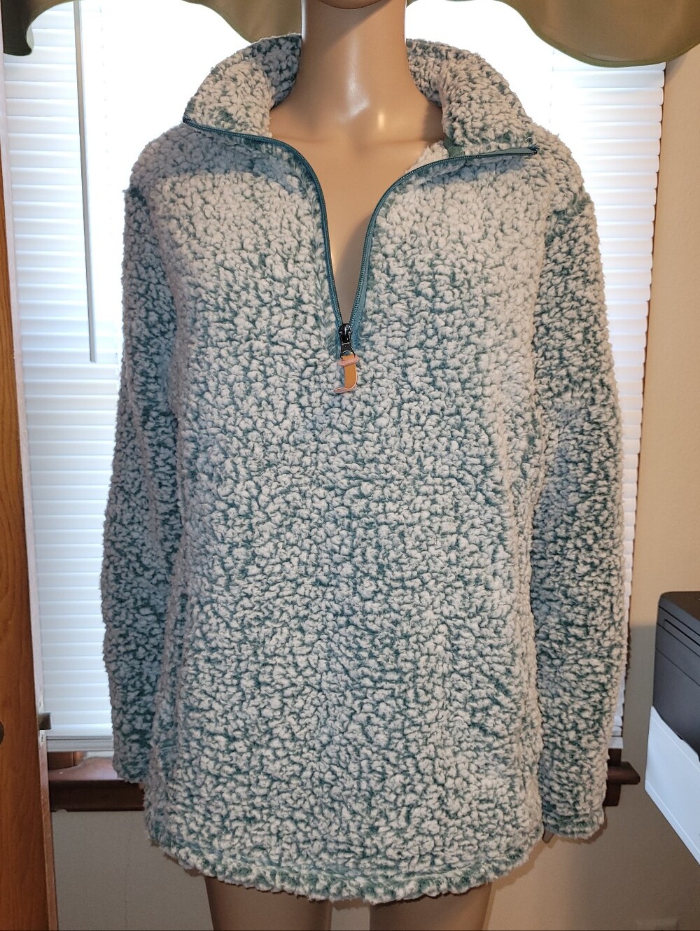 Country Store - Cozy Sherpa 1/4-Zip Pullover in Teal & White-front Pockets. L